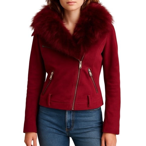 Jackets & Blazers - Pink Faux Suede Moto Jacket with Faux Fur Collar‎ Medium Baddy